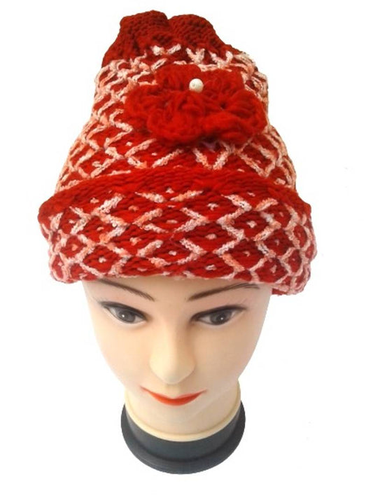 Women Knitted Woolen Red Color Cap (Pack of 1)