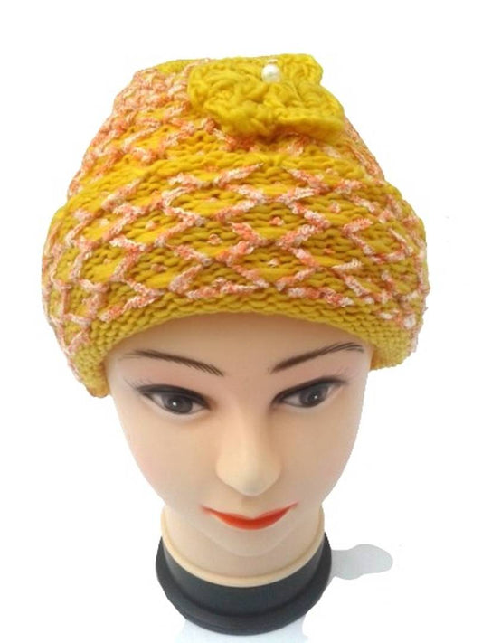 Women Knitted Woolen Yellow Color Cap (Pack of 1)