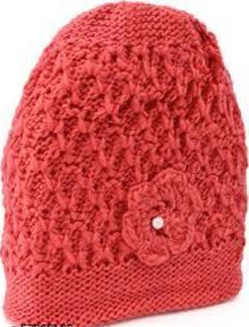 Red Solid Woolen Cap For Women