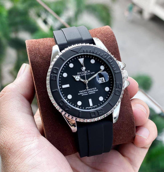 Rolex Yacht-Master Analog Black Dial Ceramic Bezel In Silver Color Oyster-flex Silicon Bracelet Men's Watch For Man Rlx-M268656