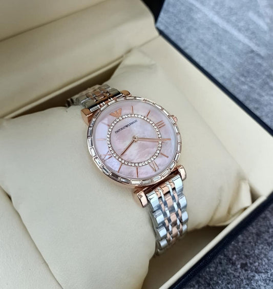 Emporio Armani Analog Machinsm Working Watch In Multi Color Strap And Pink Dial Stainless Steel Watch For Women's Or Girls Watch AR-1695