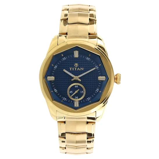 Titan Regalia Sovereign Analog Blue Dial Golden Stainless Steel Strap Watch NM1749YM01