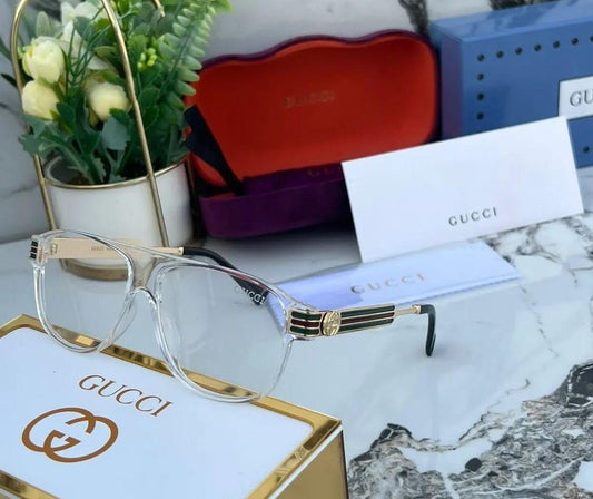 Branded Transparent Frame With Transparent Glass Men's Women's Sunglass for Man Woman or Girl GU-20333 Gold & Black Stick Gift Sunglass