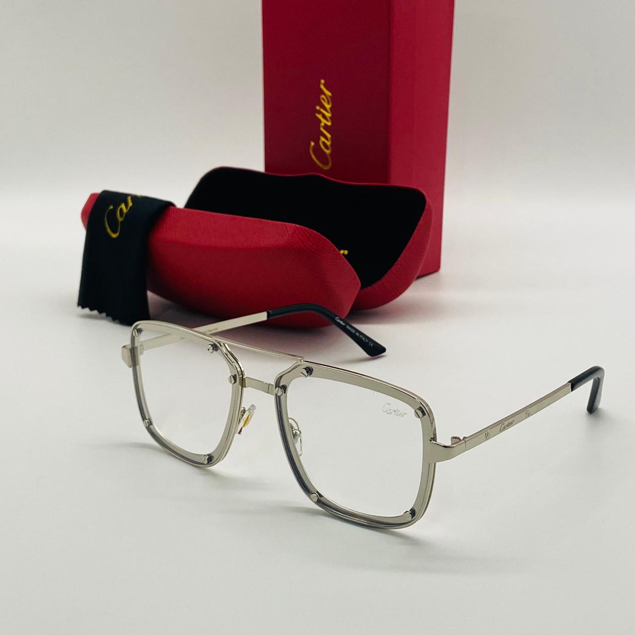 Cartier Transparent Glass Square Sunglasses For Man CRTR-100 Silver Fram and Silver Stick Gift Sunglass