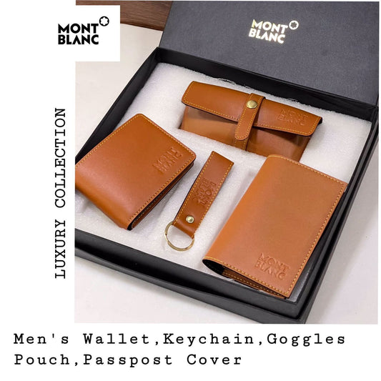 Mont Blanc Branded 4 in 1 Leather Corporate Gift Set In a Tan Color with Sunglass Cover, Wallet, Card Holder and Metal Keychain MB-SET-Tan