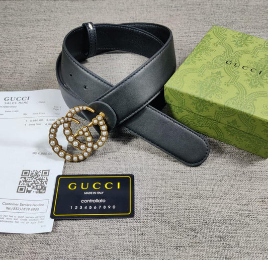 GC Ocean Gold Pearl High End Black Leather Belt GC Design Formal Men's Waist Belt For Man & Women's Formal GC Design Smooth Gold Buckle Belt GC-FB-1556
