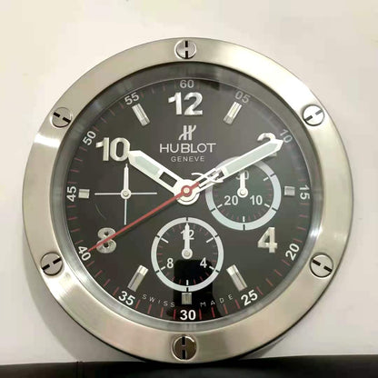 Hublot Silent Wall Clock Black Chronogragh Design Luminous Function Metal Art Wall Clock Black Dial With Metal Silver Case & White Markers Home Decor Wall Clocks Inspired By Big Bang Wall decording Clock- Classy Look Clock For Home D cor Wall HB-WC-714
