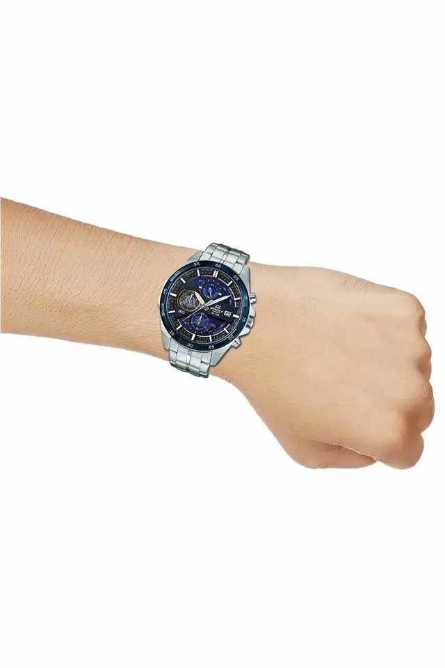 Casio Edifice Chronograph Watch With Silver Stainless steel Strap With Multiple Dial To World Times Men's Watch Blue And Black Case EFR-556-5a-99