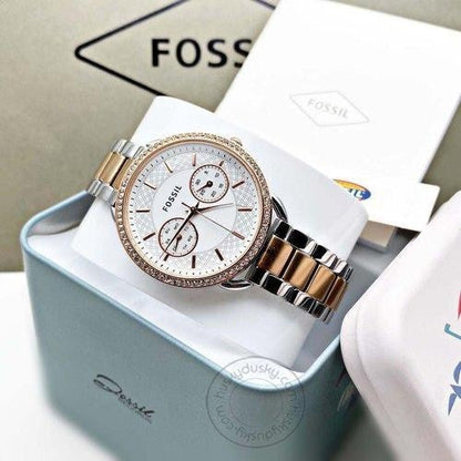 Fossil Rose Gold Silver Women's ES-4396 Watch for Girl or Woman Two Tone - Best Gift For Women