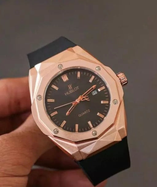 Hublot Latest Collection Rose Gold Analog Watch For Men's With Black Dial Leather Belt Watch HB-RGB-4564