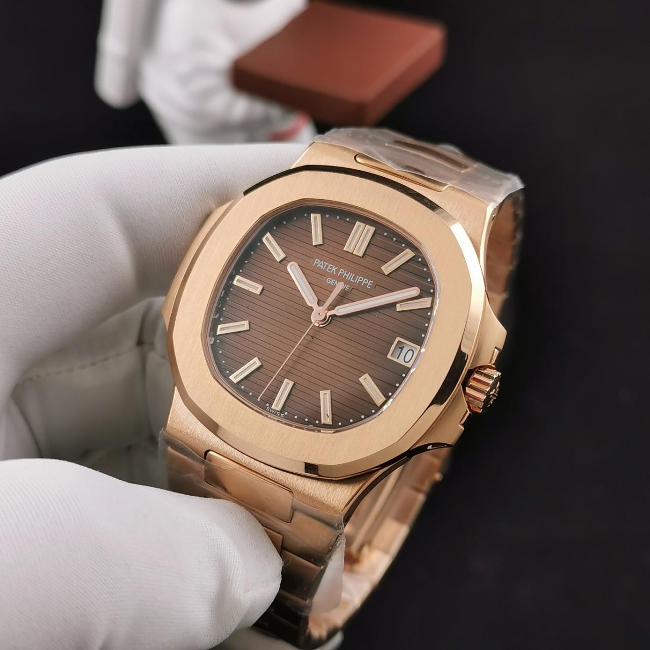 Patek Philippe Nautilus Mad Watch Quartz Movement Rose Gold Strap Date ...