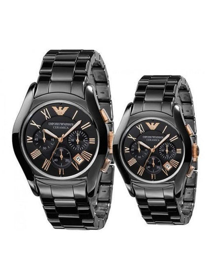 Emporio Armani Ceramic Chronograph Black Gold Dial Couple Watch For Couple-Best Gift AR1410+AR1411
