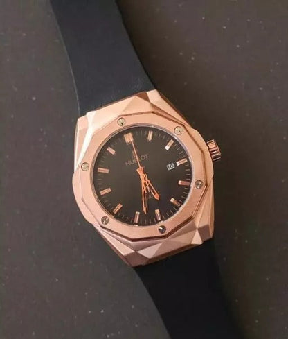 Hublot Latest Collection Rose Gold Analog Watch For Men's With Black Dial Leather Belt Watch HB-RGB-4564