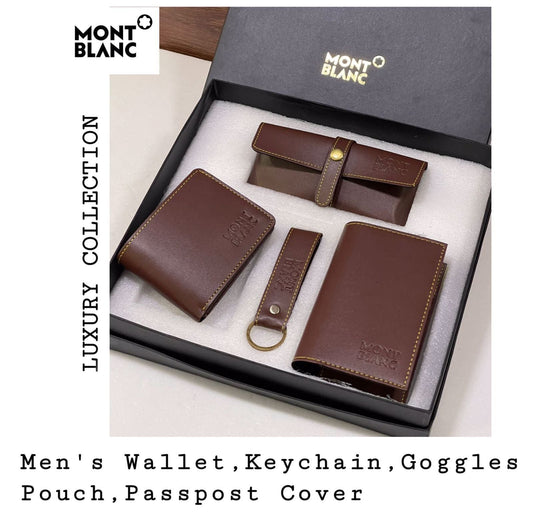 Mont Blanc Branded 4 in 1 Leather Corporate Gift Set In a Brown Color with Sunglass Cover, Wallet, Card Holder and Metal Keychain Gift for Boss, Birthday Gift for Friend/Colleague And Many More MB-SET-Brown