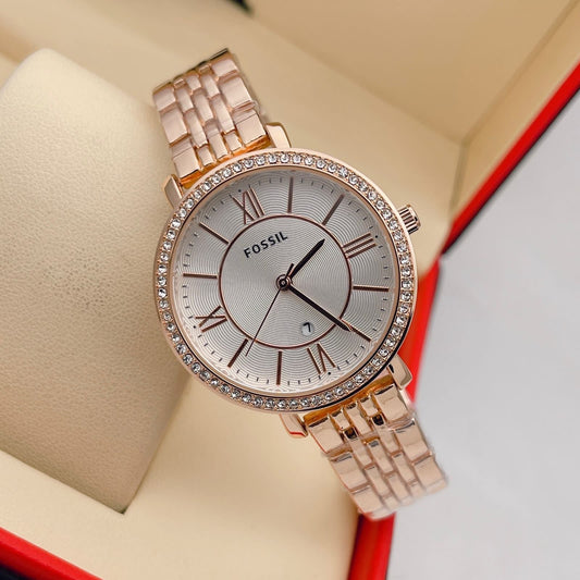 Fossil Rose Gold Metal Diamond Strap Watch For Women's Es3547 Design White Dial For Girl Or Woman Best Gift Date Watch