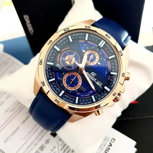 Casio Edifice Limited Adition ChronographBlue Black Dial Blue Strap Leather Men's Watch EFR-556
