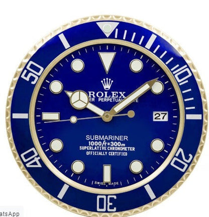 Rolex Wall Clock Quartz Analog Dated Design Metal Art Wall Clock Luminous Function Blue Dial With Metal Blue Case Home Decor Wall Clocks Inspired By Submariner II Dated Wall decording Clock- Classy Look Clock For Home D cor Wall RLX-WC-804