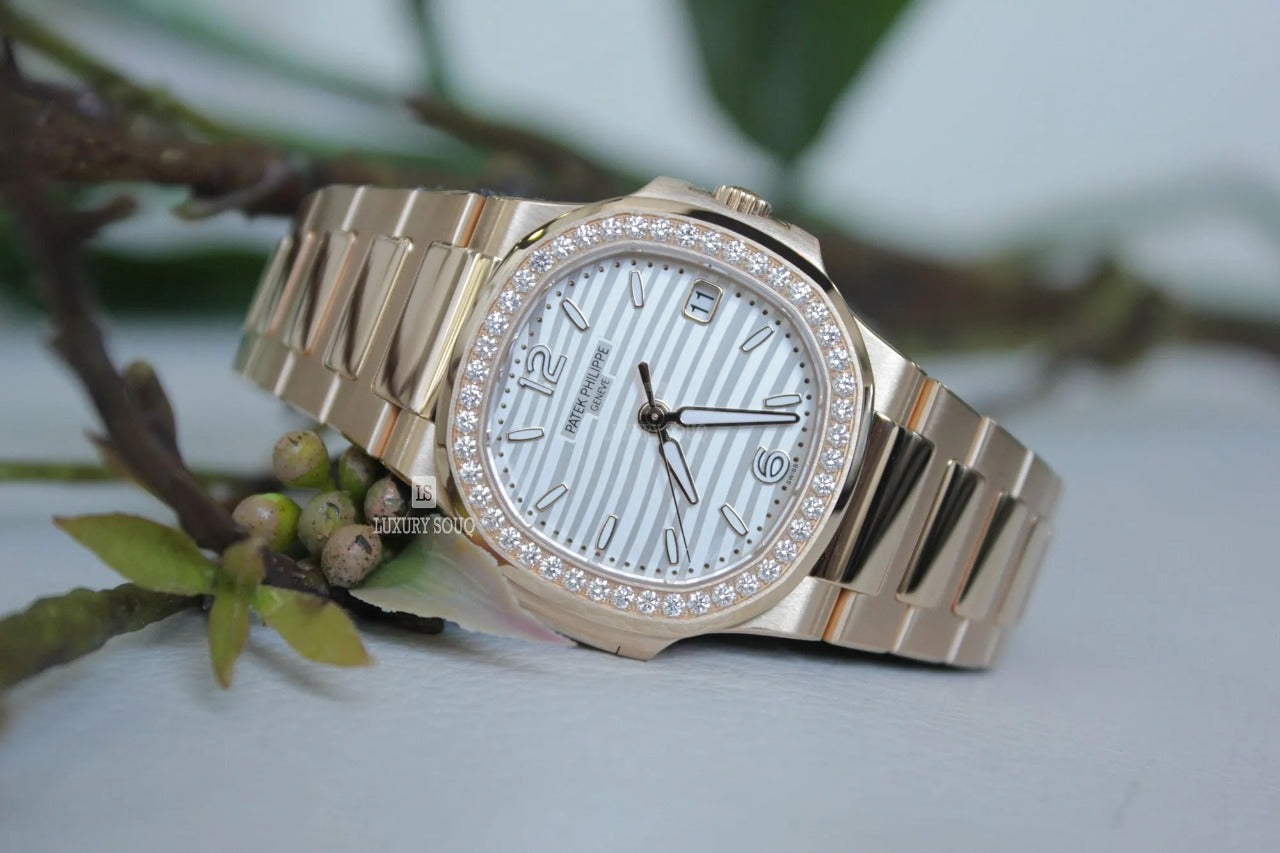 Patek Philippe Nautilus Diamond Bezel White Dial Rose Gold Strap Mad Watch Quartz Movement Dated Watch For Men's-Best Men's Collection PK-2135