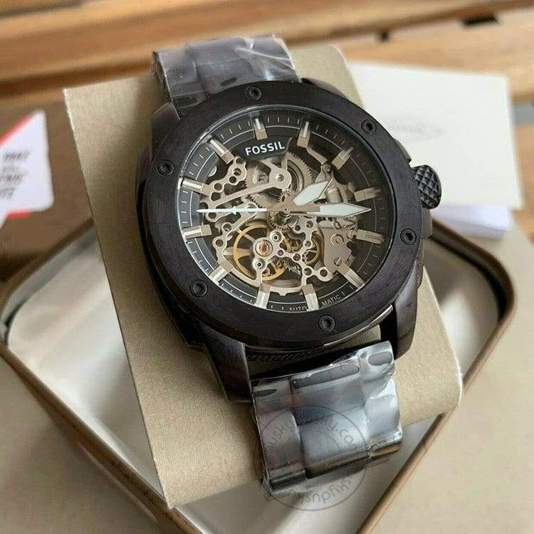 Fossil Skeleton Black Chronograph Automatic Mens Watch ME3080 Formal Casual Metal Watch for Man