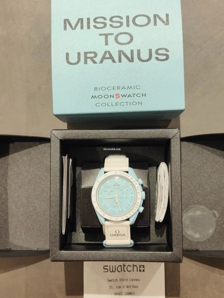 Omega Premium Quality extremely rare, and highly attractive prototype stainless steel With White Spacesuit-ready Velcro Strap Blue Color Case Chronograph Moon Wristwatch- MISSION TO URANUS OG-B-2020