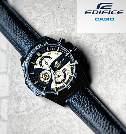 Casio Edifice Limited Adition Chronograph Yellow Dial Black Strap Leather Dated Men's Watch EFR-557