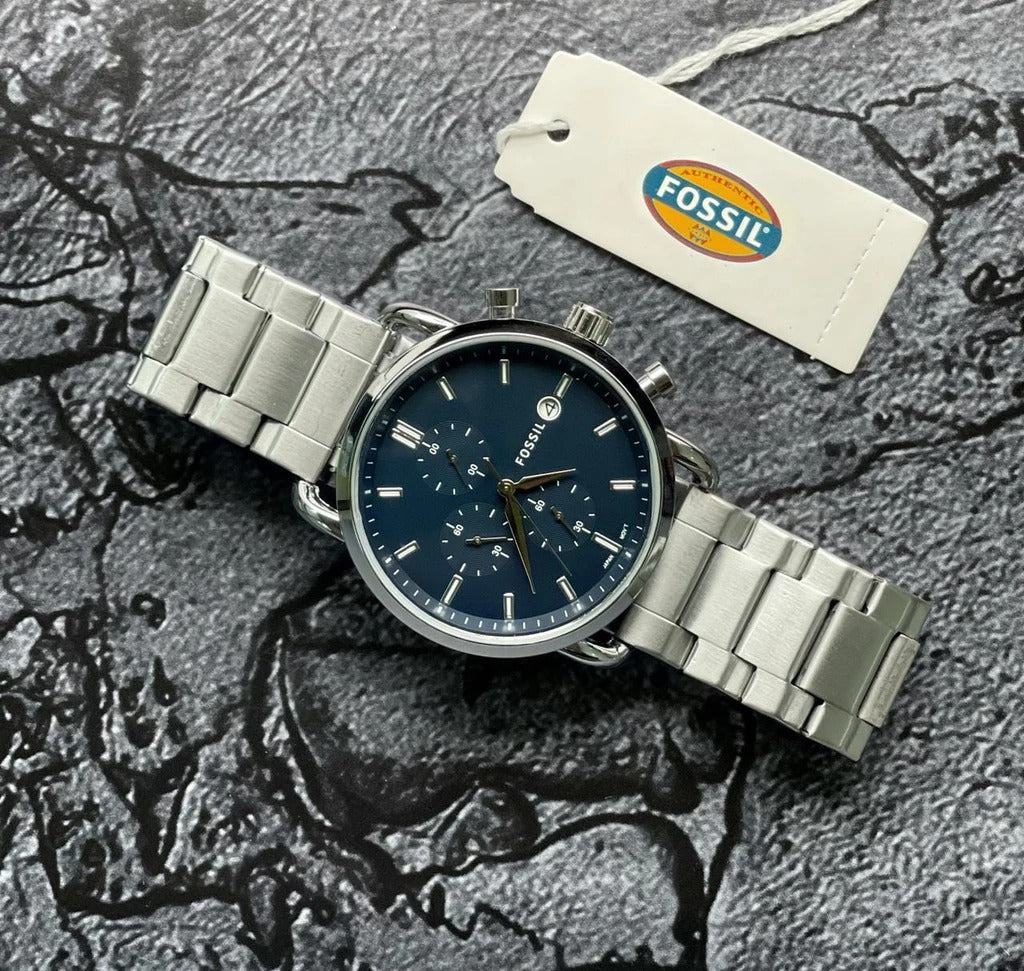 Fossil Silver Stainless Steel Strap Watch For Mens FS-S-BLUE Design Blue Dial For Man Best Gift Date Watch