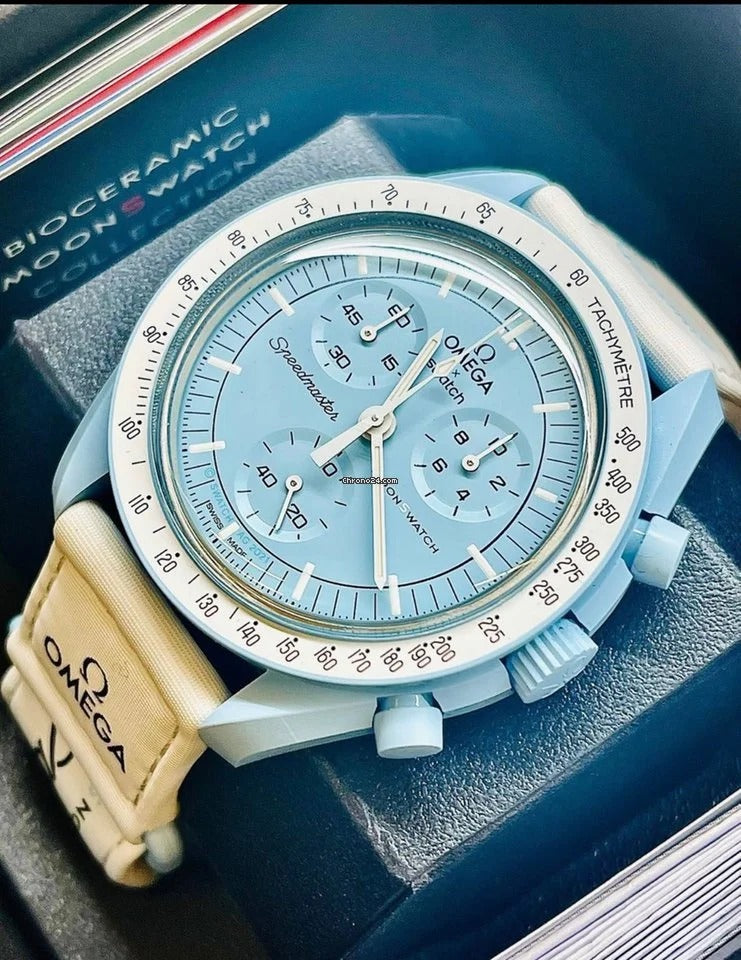 Omega Premium Quality extremely rare, and highly attractive prototype stainless steel With White Spacesuit-ready Velcro Strap Blue Color Case Chronograph Moon Wristwatch- MISSION TO URANUS OG-B-2020