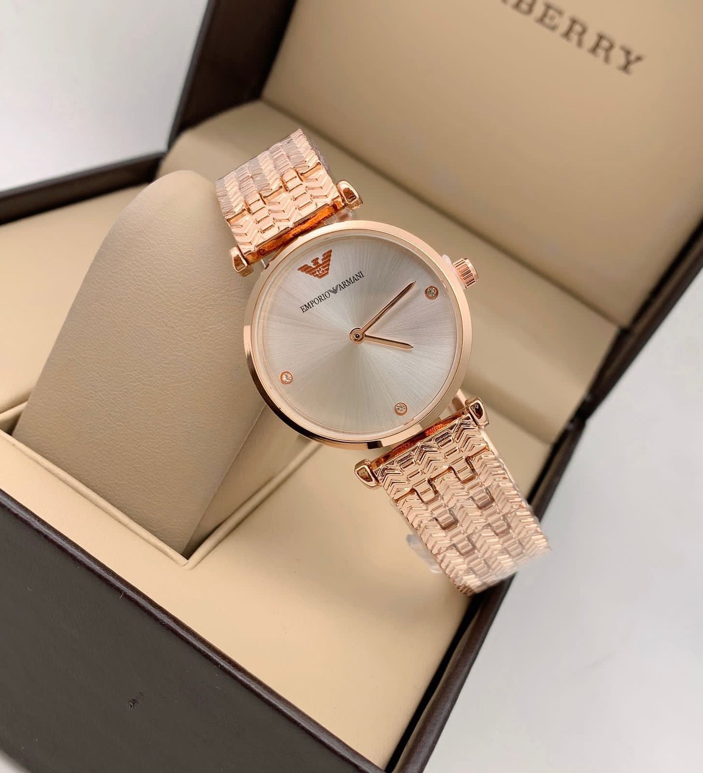 Emporio Armani Latest Design Watch Rose Gold Dial & Rose Gold Color Strap White Color Dial Design Strap For Women and Girls Watch -Best Gift Ever AR-59440