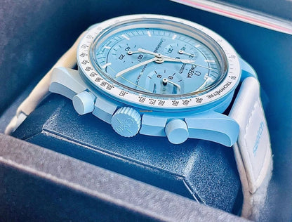 Omega Premium Quality extremely rare, and highly attractive prototype stainless steel With White Spacesuit-ready Velcro Strap Blue Color Case Chronograph Moon Wristwatch- MISSION TO URANUS OG-B-2020