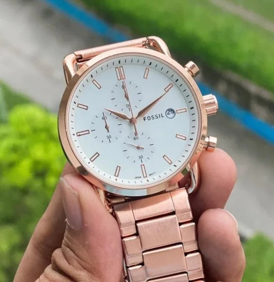 Fossil Analog Watch FS-5410-White Dial Stainless Steel Strap With Rose Gold Color Strap And White Dial Color Men;s Watch - Best Gift