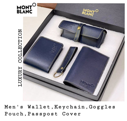 Mont Blanc Branded 4 in 1 Leather Corporate Gift Set In a Blue Color with Sunglass Cover, Wallet, Card Holder and Metal Keychain MB- SET-Blue