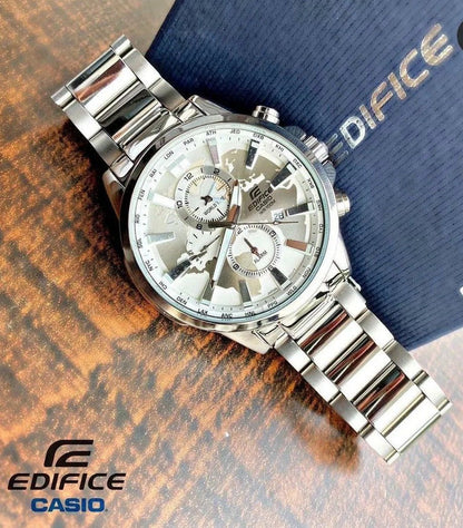 Casio Edifice Chronograph White World Design Dial Silver Metal Men's Watch EFR-305-best Gift