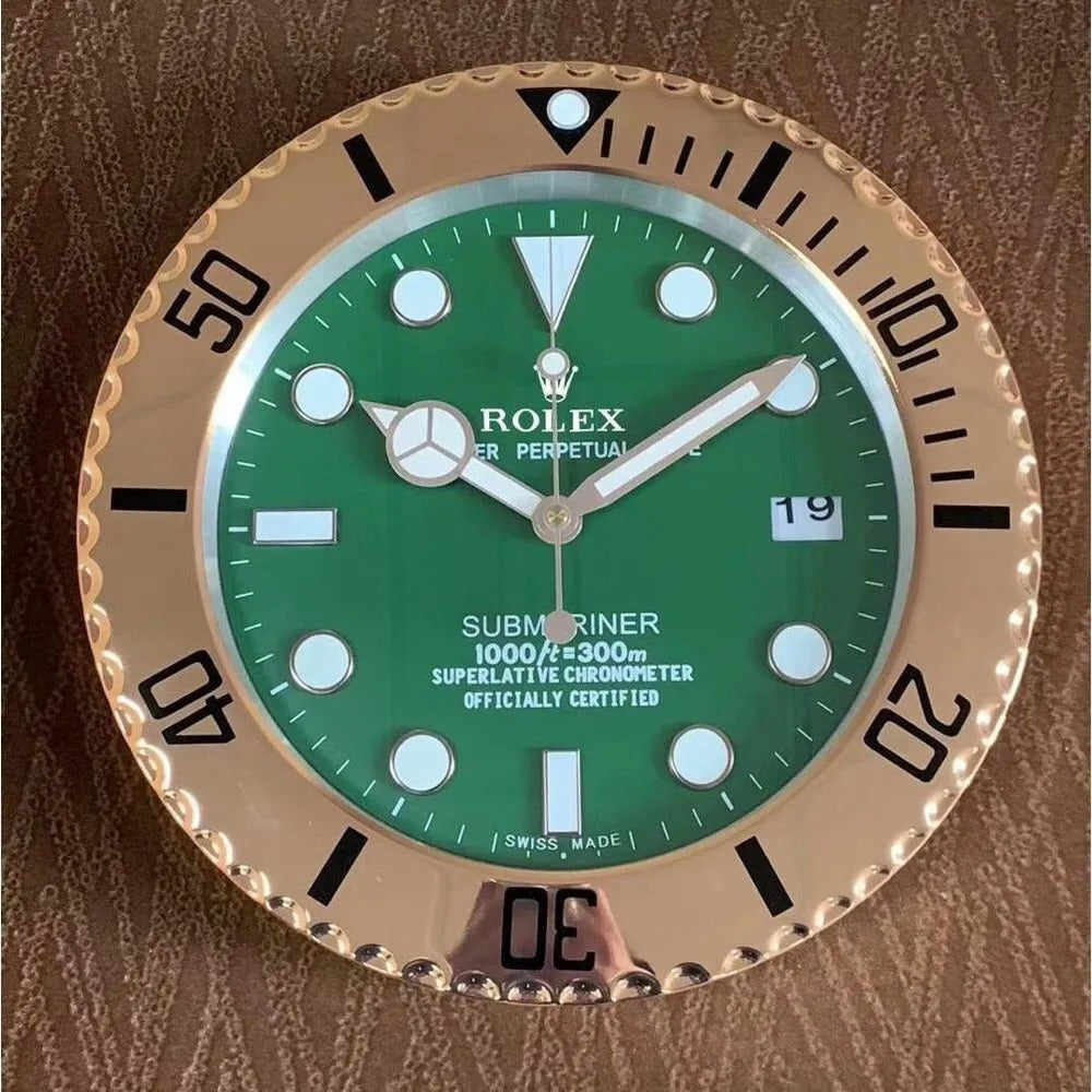 Rolex Wall Clock Quartz Analog Dated Design Metal Art Wall Clock Luminous Function Gold Case Green Dial RLX-WC-907