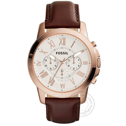 Fossil Chronograph Brown Leather Men's Watch For Man FS-4991 (FS-BW) Off White Color Dial Gift Date Watch