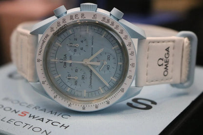 Omega Premium Quality extremely rare, and highly attractive prototype stainless steel With White Spacesuit-ready Velcro Strap Blue Color Case Chronograph Moon Wristwatch- MISSION TO URANUS OG-B-2020