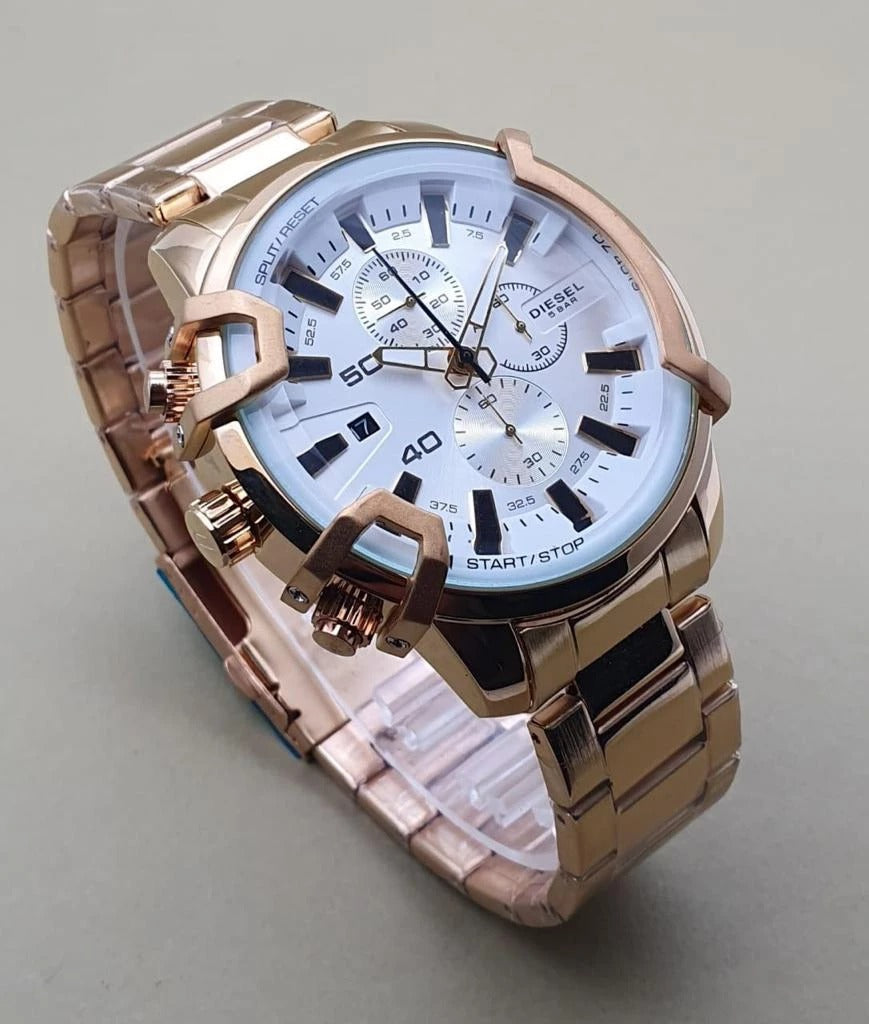 Diesel Chronograph Men's Watch White Dial Rose Gold Strap Stainless Steel Watch For Men DZ-115