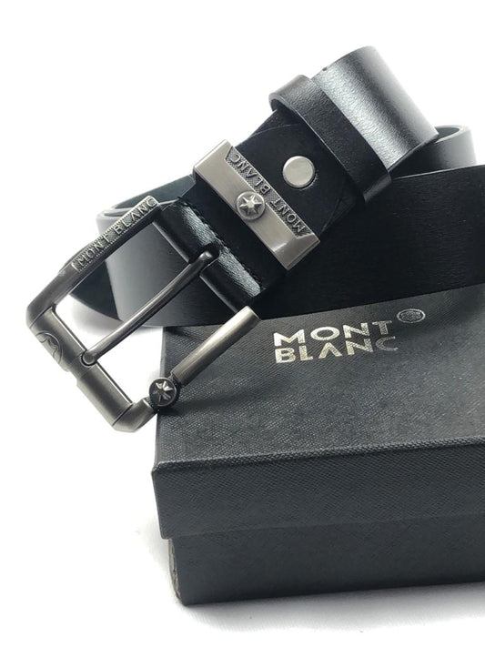 Mont Blanc Black Color Plain Leather Formal Men's Women's Waist Belt For Man Woman Or Girl Formal Mont Buckle Gift Belt MB-360