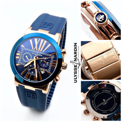 Ulysse Nardin 2536 Silicon Chronograph Blue Banded Formal Men's Watch With Blue Dial With Gold Case Best Gift for Men's UN-2536 UN-2536