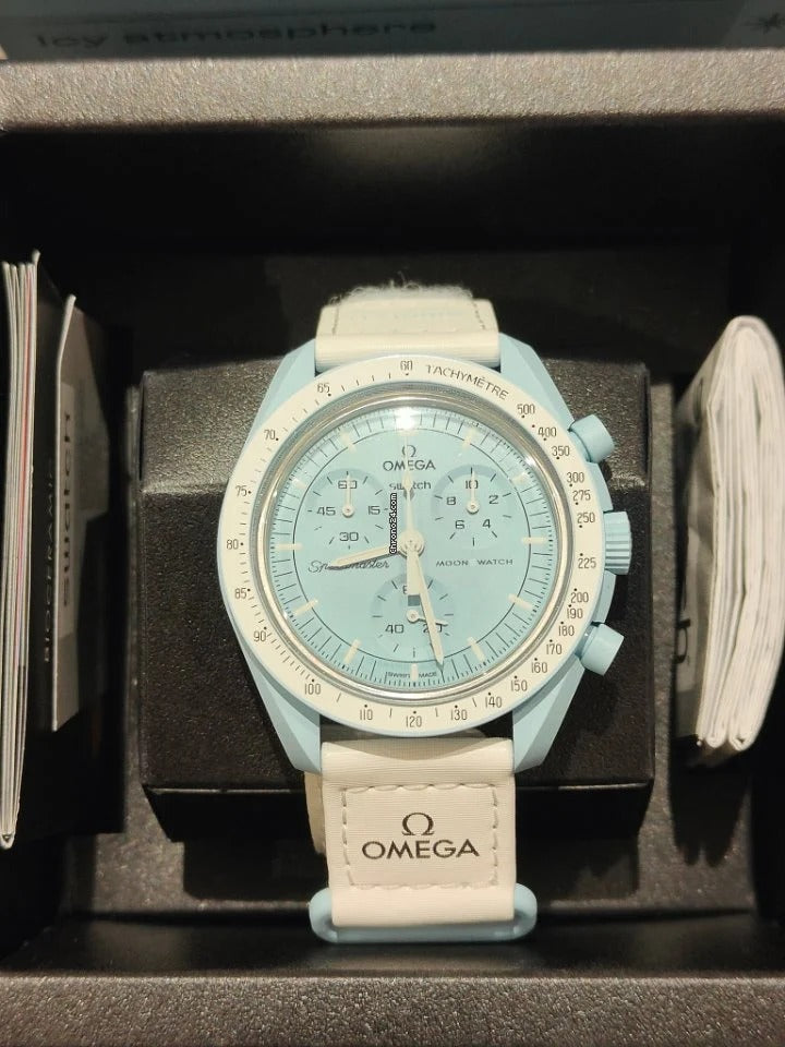 Omega Premium Quality extremely rare, and highly attractive prototype stainless steel With White Spacesuit-ready Velcro Strap Blue Color Case Chronograph Moon Wristwatch- MISSION TO URANUS OG-B-2020