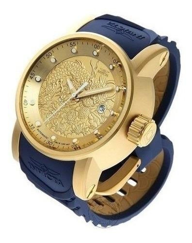 Invicta Mens 18215 S1 Rally Yakuza Blue Silicon Strap Watch For Man Dragon Design Golden Dial- Best Gift