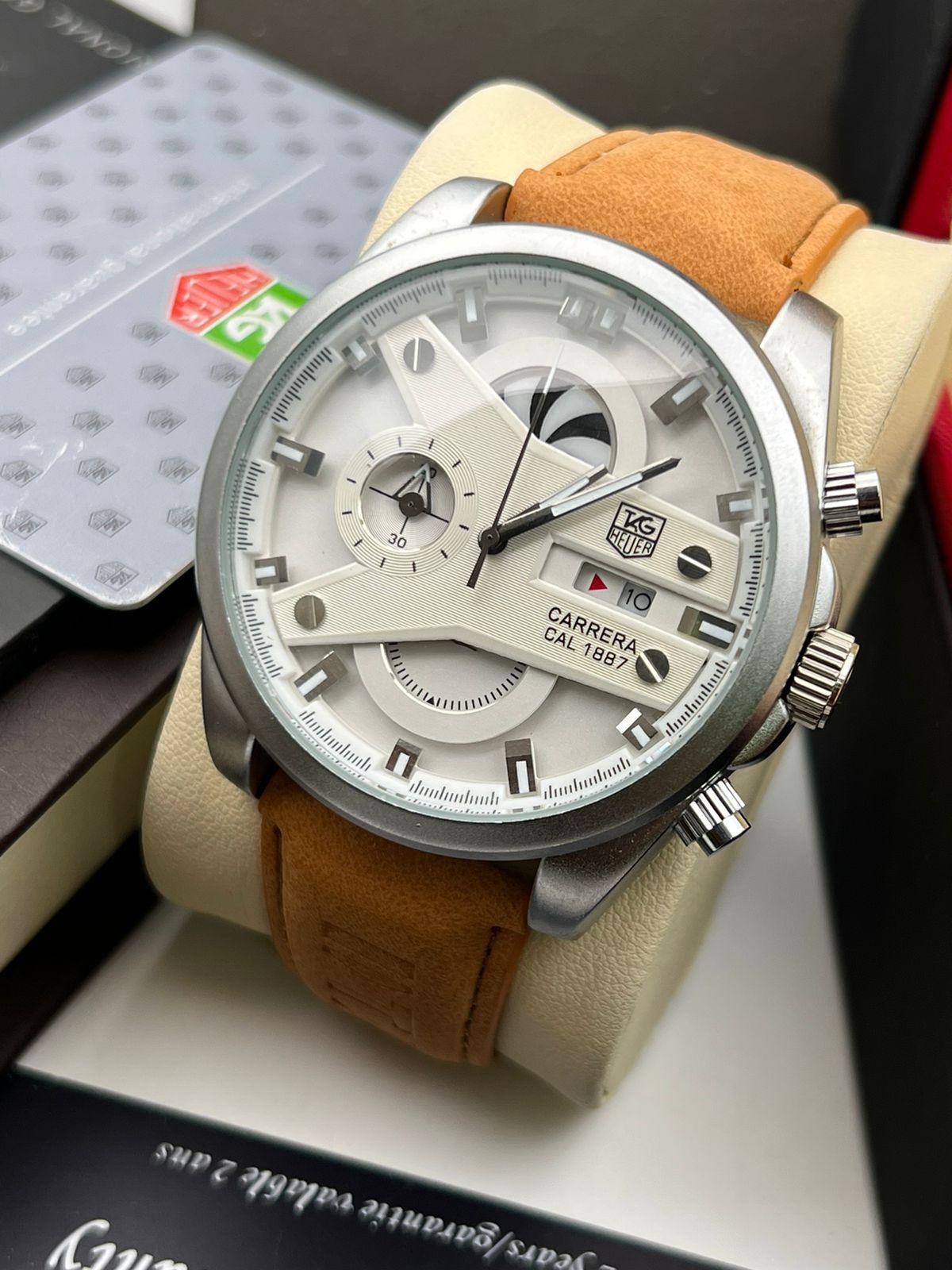 Tagheuer- Grand Carriera Cr7-Diagno TAG-1887-CR7 White Chronograph Multi Dial With Metal Case & Leather Strap Men's Watch - Best Formal Look Watch