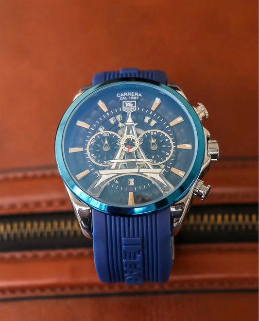 Tag Heuer Carrera Caliber Eiffel Tower Edition TAG-IT-33 Cobalt Blue Color Watch Rubber Strap Chronograph Blue Dial Watch For Men's __ Classy Look Watch