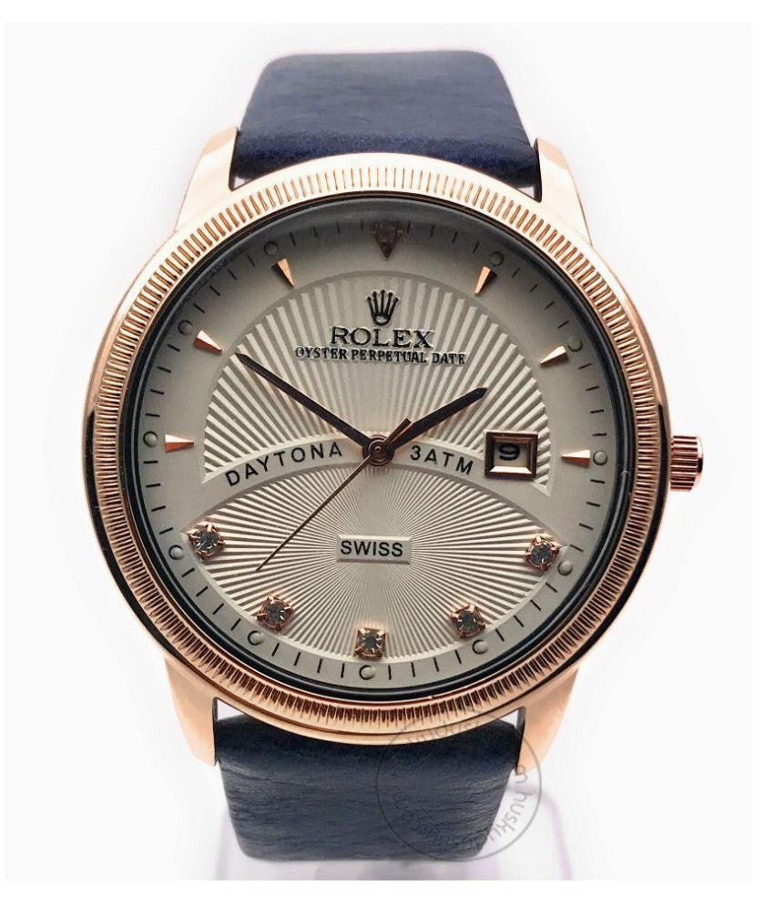 Rolex DayTona 3ATM Swiss Dark Blue Leather Men's Watch For Man RLX-3-09 White Dial Gold Case Date Gift Watch