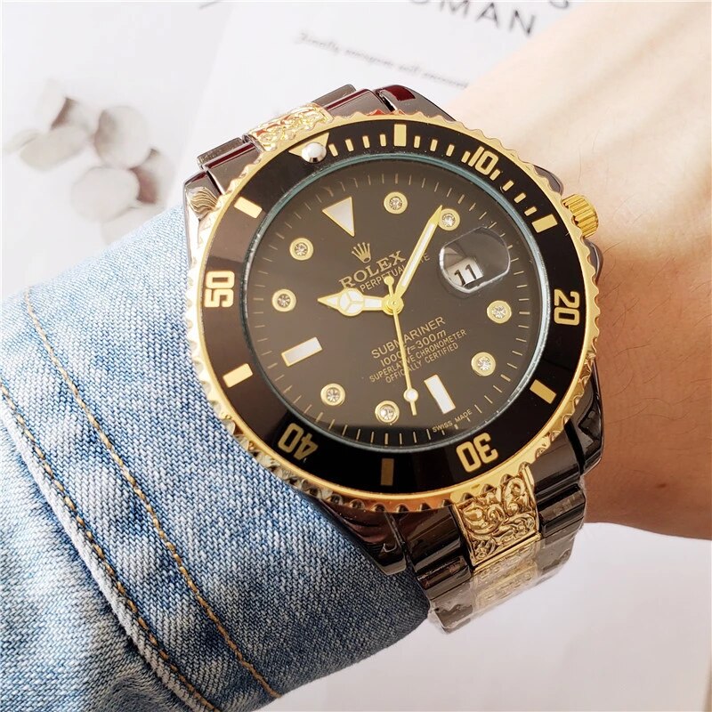 ROLEX hand-Engraved Oyster Perpetual Submarine Model Two Tone Strap Gold & Black And Black Dial Dated Watch For Men's RLX-SUB-6205