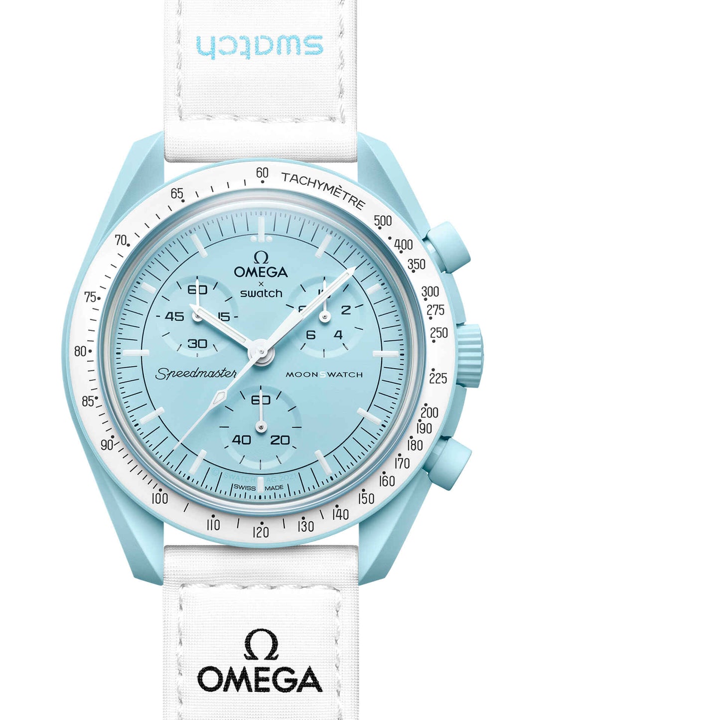 Omega Premium Quality extremely rare, and highly attractive prototype stainless steel With White Spacesuit-ready Velcro Strap Blue Color Case Chronograph Moon Wristwatch- MISSION TO URANUS OG-B-2020