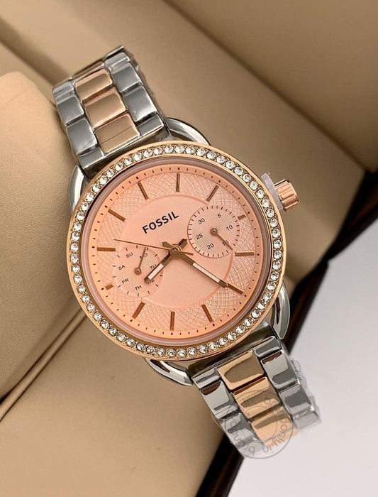 Fossil Rose Gold Silver Women's Watch For Girl Or Woman Es-532 Two Tone Peach Dial- Best Gift For Women