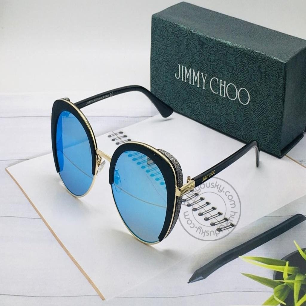 Jimmy Choo Branded Blue Color Glass Men's Women's Sunglass For Man Woman or Girl JC-158 Side Cover Black Stick Frame Gift Sunglass