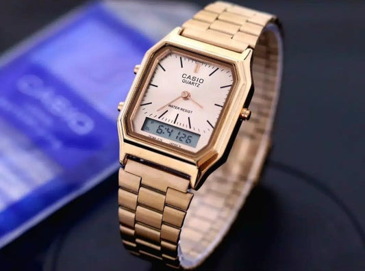 Casio Vintage Analog Black Digital Watch In Rose Gold Color And White Face Unisex Watch For Men's Women's Or Girls AQ-231-Best For casuals Watch For All