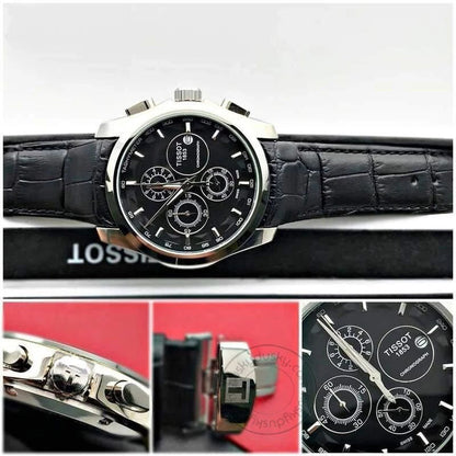 Tissot Chronograph Black Leather Men's Watch for Man Silver Black - Gift TS-654L-SB