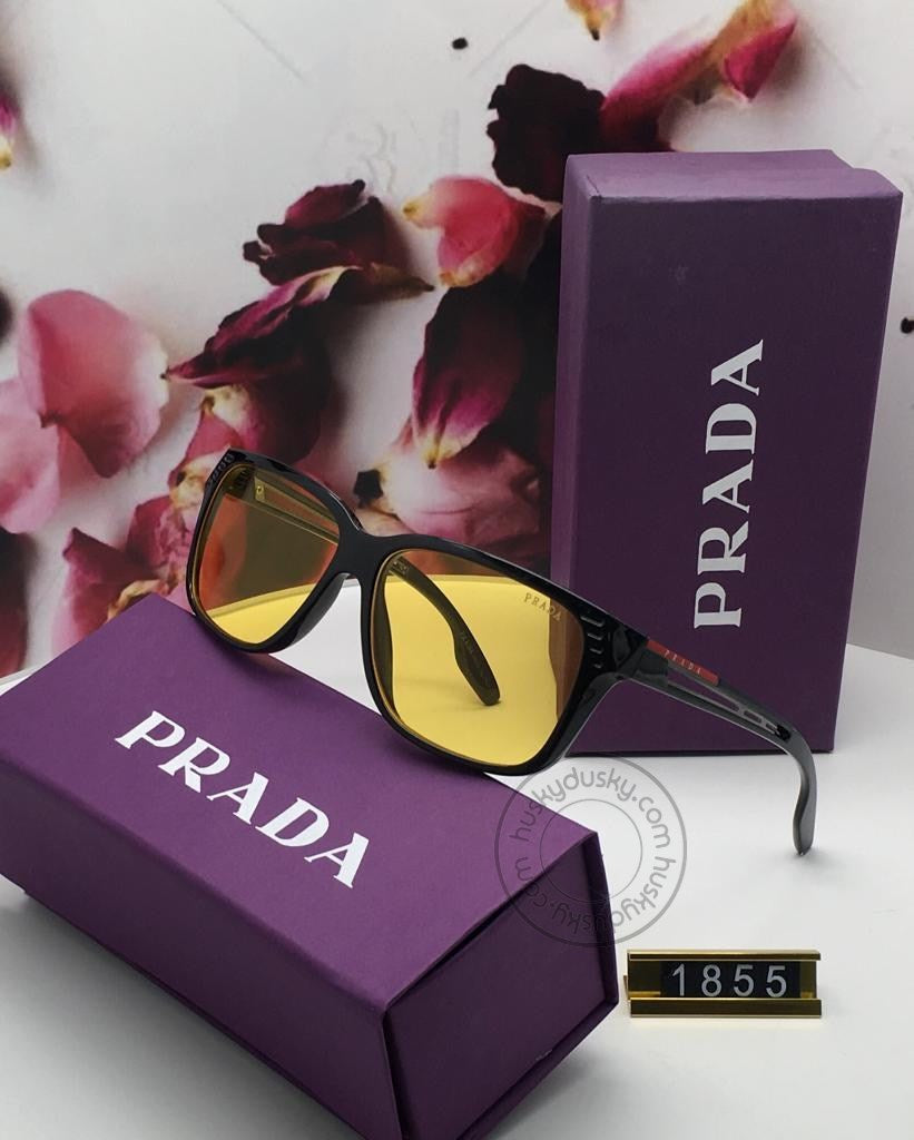 Prada Latest Design Yellowish Gold Color Glass Men's Women's For Man Woman or Girl PRA-1555 Black Frame Sunglass